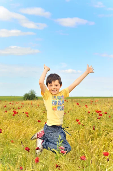 Rapaz Feliz Saltando Campo — Fotografia de Stock