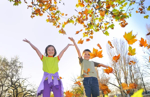 葉で遊ぶ子供たち — ストック写真