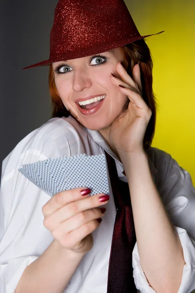 Girl with cards emotion portrait — Stock Photo, Image