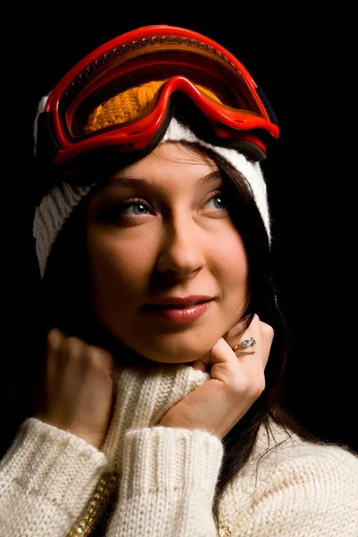 Mujer linda con jersey blanco y máscara de snowboard —  Fotos de Stock