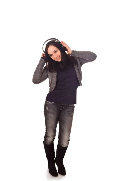 Photo Woman Shaking Listening Music Headphones — Stock Photo, Image