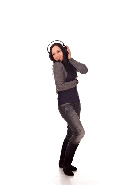 Photo Woman Shaking Listening Music Headphones — Stock Photo, Image