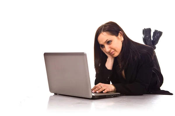 Feminino Está Conversando Com Laptop — Fotografia de Stock
