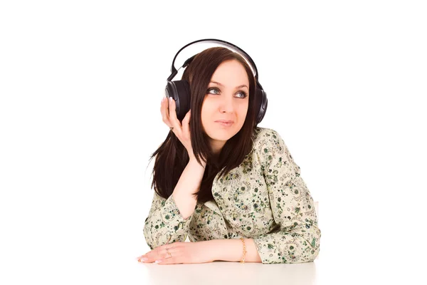 Zdjęcie Siedzi Kobieta Kto Słucha Muzyki Cieszy — Zdjęcie stockowe