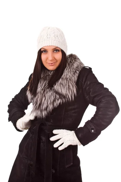 Foto Der Frau Mit Winterkleidung Auf Weißem Isolierten Hintergrund — Stockfoto