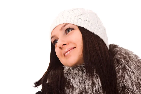 Foto Der Frau Mit Winterkleidung Auf Weißem Isolierten Hintergrund — Stockfoto