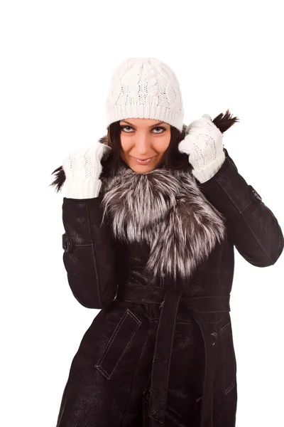 白い背景と分離の冬の服を持つ女性の写真 — ストック写真