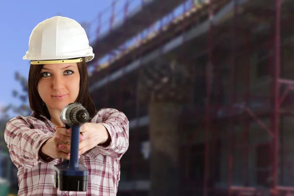 Photo Female Constructor Drill — Stock Photo, Image
