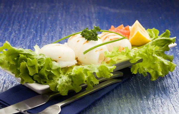 Bläckfisk med sallad på blå glasstable — Stockfoto