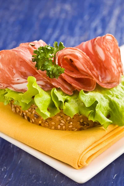 Σάντουιτς με σαλάμι και σαλάτα — Φωτογραφία Αρχείου
