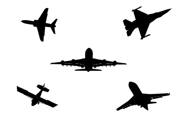 Beyaz Bir Arka Plan Üzerinde Izole Uçak Siluetleri Topluluğu — Stok fotoğraf