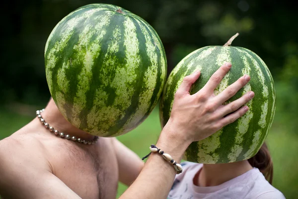 Humoristisk Foto Kärlek Två Vattenmeloner — Stockfoto