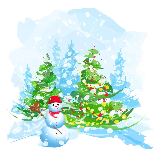Acuarela artística Árbol de Navidad y muñeco de nieve — Vector de stock
