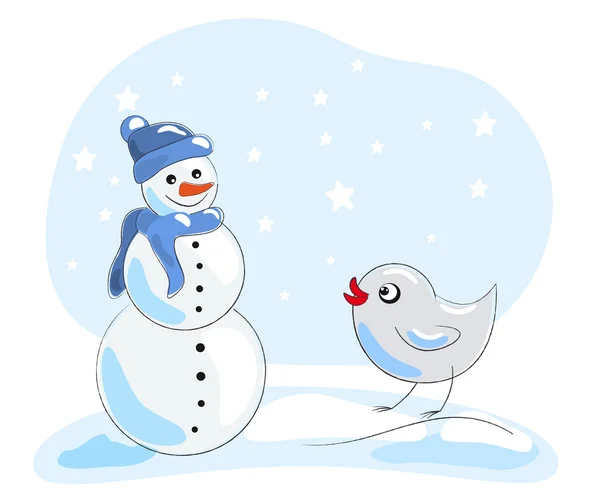 Kleine vogel en sneeuwpop — Stockvector