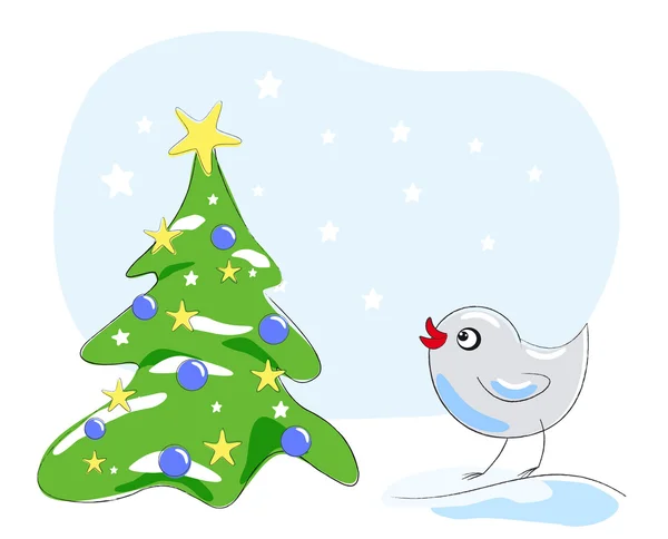 Pájaro mirando un hermoso árbol de Navidad — Vector de stock