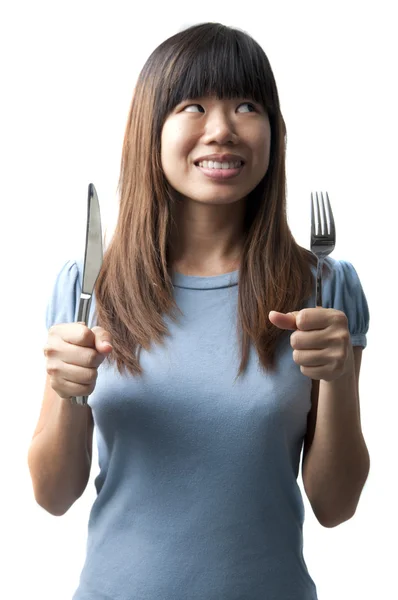 Asian Women Fork Spoon Isolated White — Stock Photo, Image