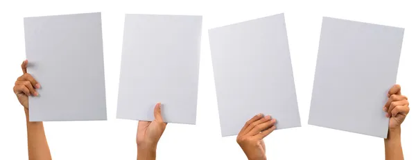 Verschiedene Leere Kartons Mit Isolierten Händen Auf Weißem Papier — Stockfoto