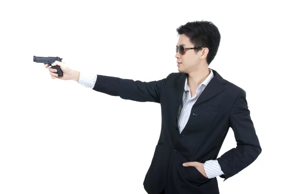 Asian Business Man Holding Gun — Stock Photo, Image