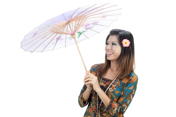 Chica Asiática Kebaya Paraguas Con Fondo Blanco Aislado —  Fotos de Stock