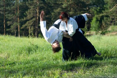 Two young man are training in Aikido in wood clipart