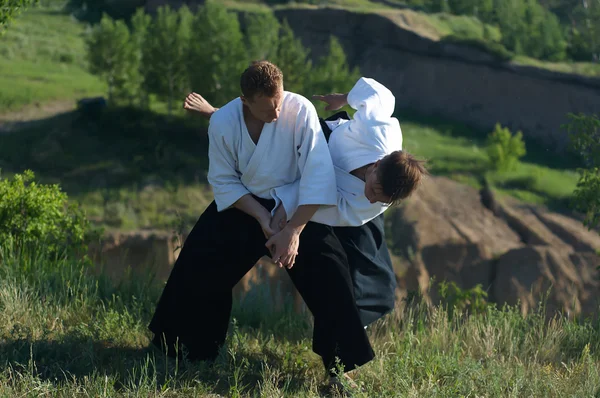 Deux jeunes gens s'entraînent en Aïkido dans le bois Photo De Stock
