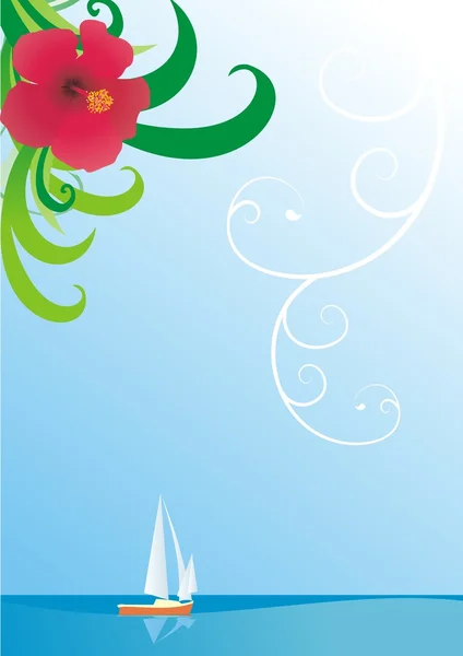 Yacht di laut biru dengan bunga tropis — Stok Foto