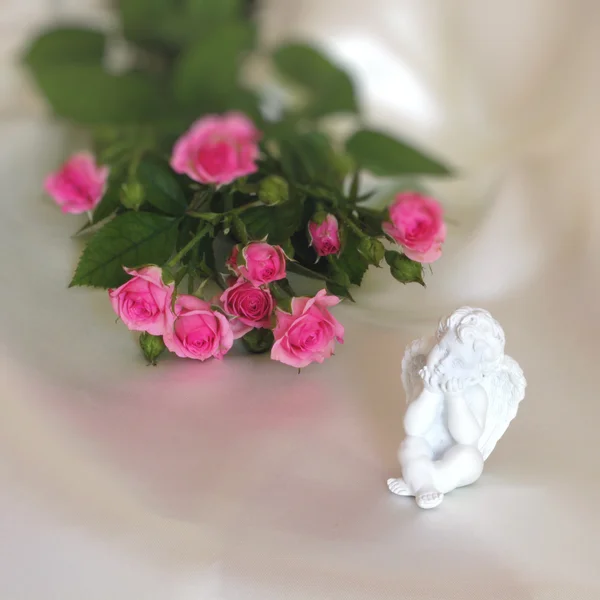 Angelo e rosa su seta avorio — Foto Stock
