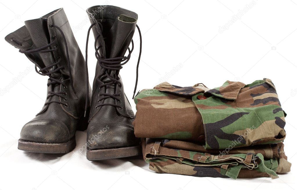 Military camouflage uniforms and boots.