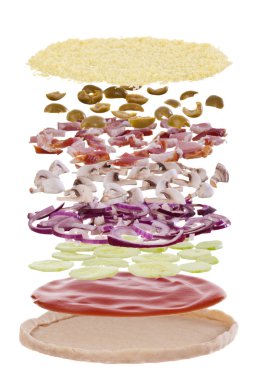 Pizza, exploded into layers. Layers are crust, sauce, cheese, mushrooms, bacon, olives, onions clipart