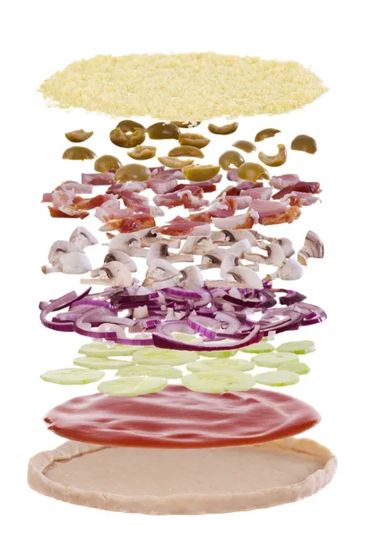 Pizza Esplosa Strati Strati Sono Crosta Salsa Formaggio Funghi Pancetta — Foto Stock