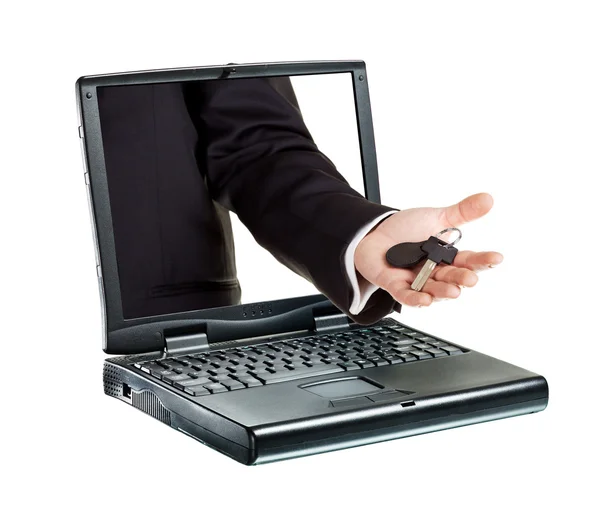 Egy Kéz Ragadt Keresztül Egy Laptop Hogy Egy Kulcs Elszigetelt — Stock Fotó