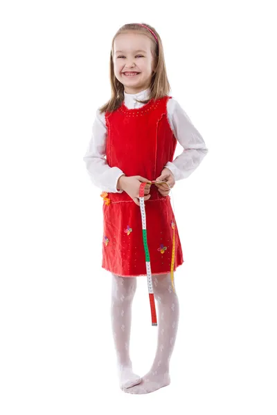 Malá holka měřící pás — Stock fotografie