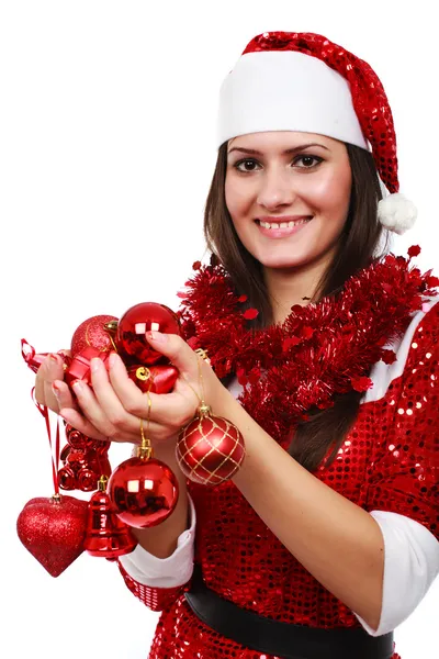 Санта девушка с рождественскими шарами — стоковое фото
