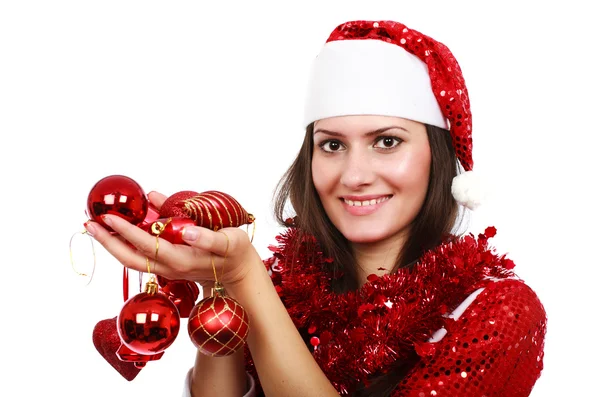 Santa menina com bolas de Natal — Fotografia de Stock