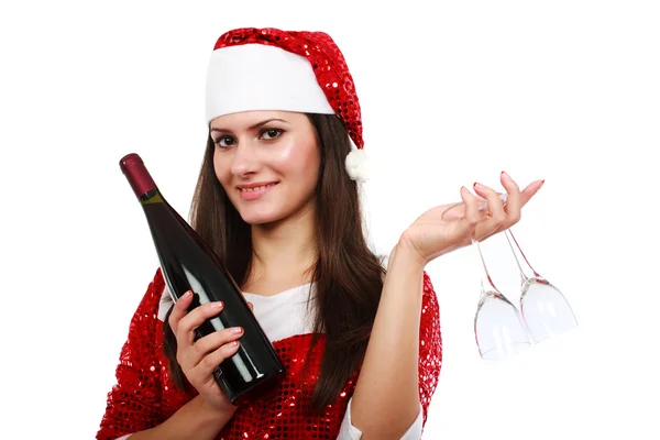 Santa helper with wine and glasses — 스톡 사진