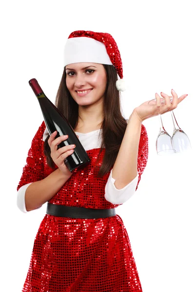 Santa helper avec vin et verres — Photo