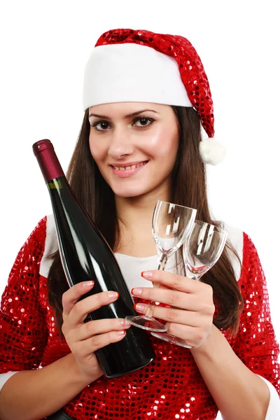 Santa helper with wine and glasses — 스톡 사진