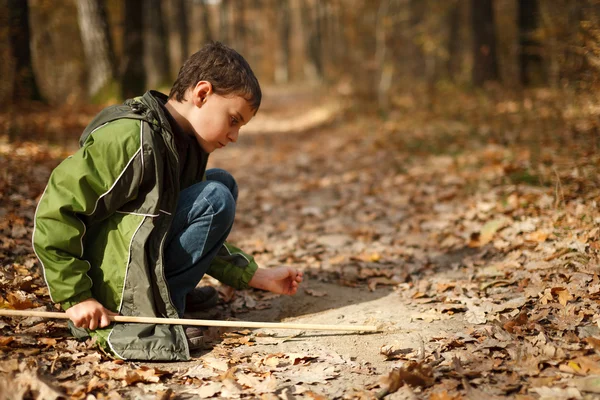 Pojke leker i skogen — Stockfoto