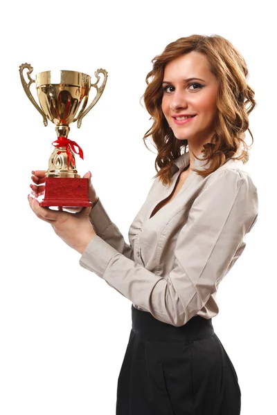 Geschäftsfrau mit goldenem Pokal — Stockfoto