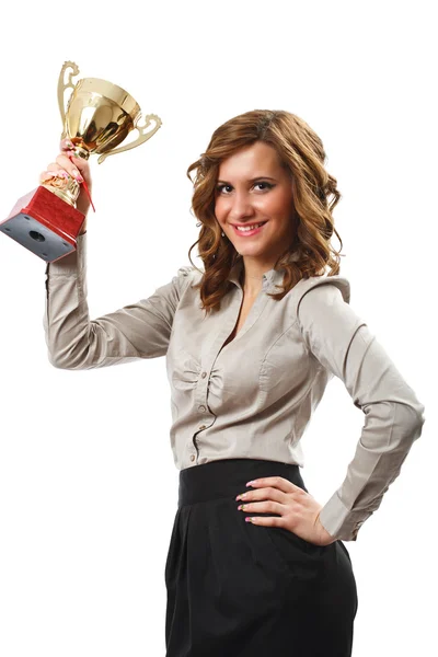 Бізнес-леді з золотою чашкою — стокове фото