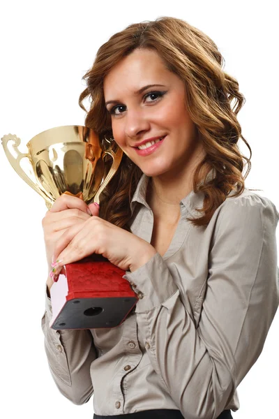 Geschäftsfrau mit goldenem Pokal — Stockfoto