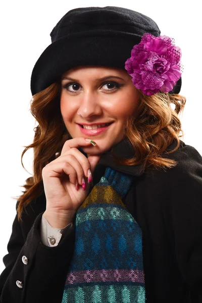 Donna con cappotto invernale e cappello, isolata — Foto Stock