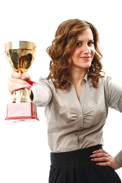 Geschäftsfrau mit goldenem Pokal lizenzfreie Stockfotos
