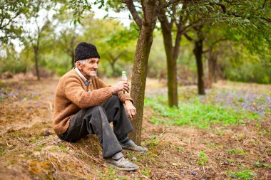 Senior farmer drinking plum brandy clipart