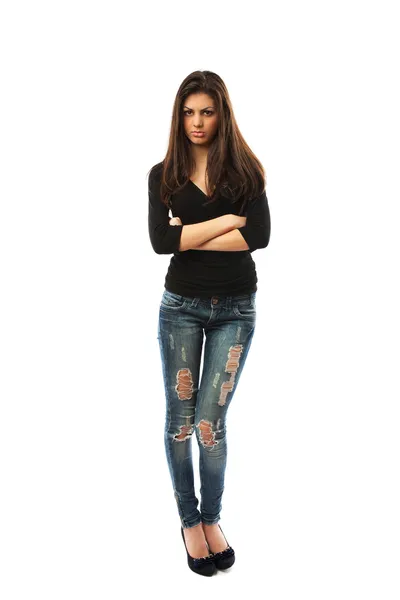 Tiro Comprimento Total Uma Bela Mulher Hispânica Salto Alto Jeans — Fotografia de Stock