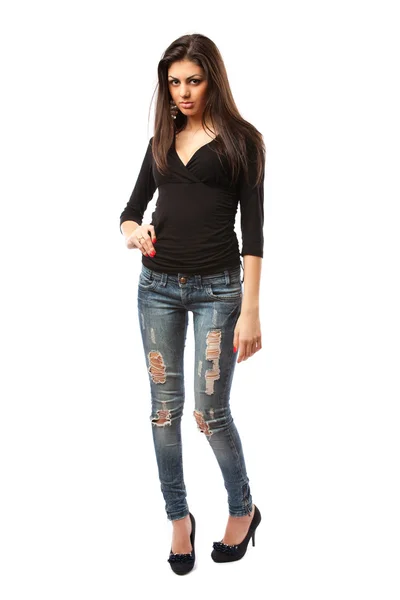 Foto Completa Una Hermosa Mujer Hispana Tacones Altos Jeans Aislada —  Fotos de Stock