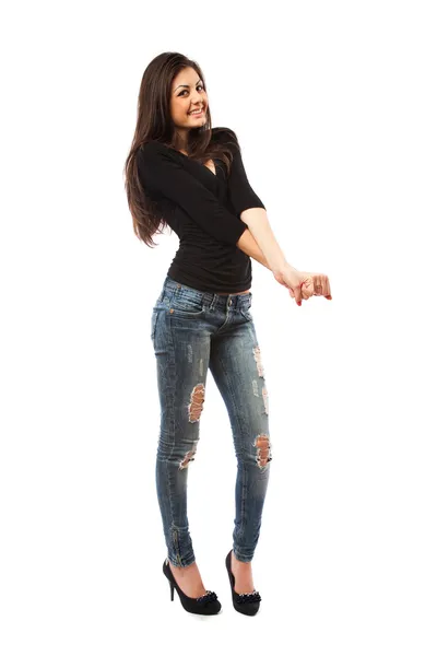 Colpo Figura Intera Una Bella Donna Ispanica Tacchi Alti Jeans — Foto Stock