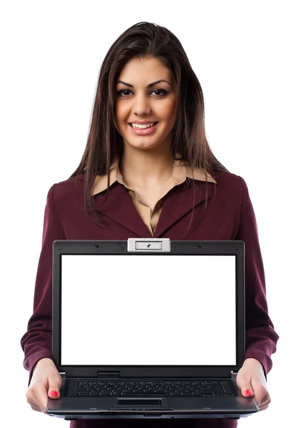 Närbild Porträtt Latin Ung Affärskvinna Innehar Laptop Med Blank Skärm — Stockfoto
