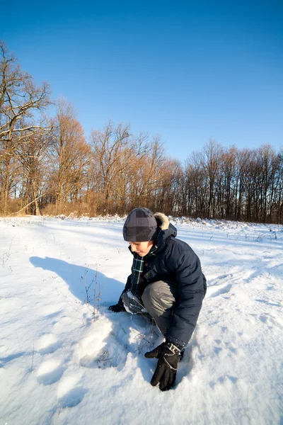 Счастливый Милый Мальчик Играет Снегу Рядом Лесом — стоковое фото