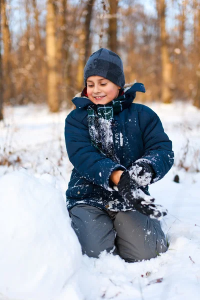 Щасливий Милий Хлопчик Грає Снігу Біля Лісу — стокове фото